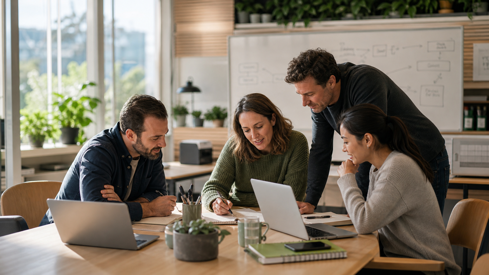 Small consultancy team reviewing business workflows together in a warm modern workspace