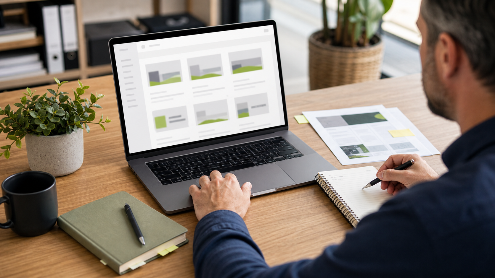Business owner reviewing practical technology resources on a laptop while taking notes