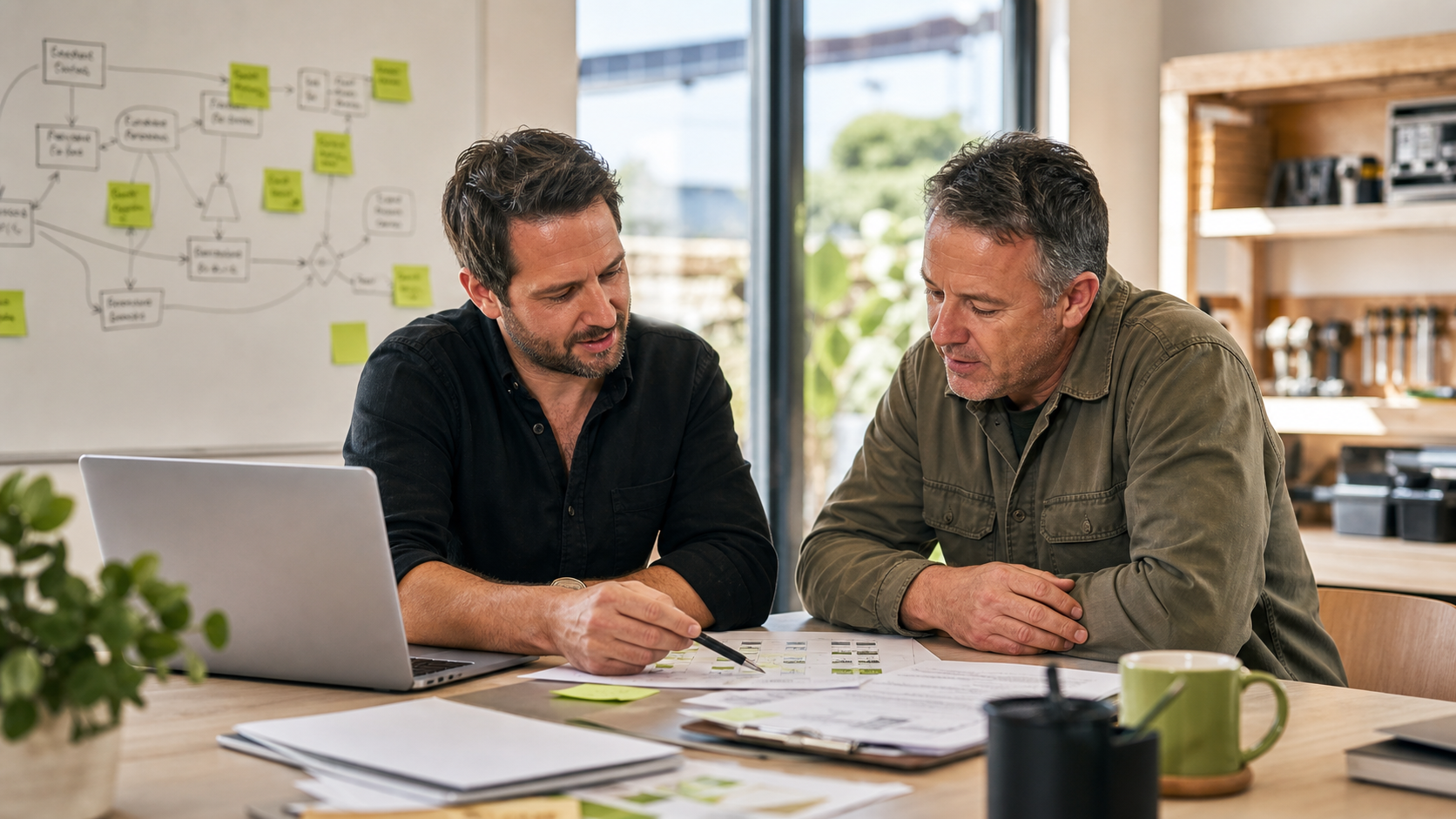 Technology consultant and small-business owner mapping business workflows together in a bright operations room