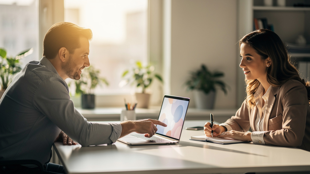 Two professionals in collaborative discussion at a modern office desk