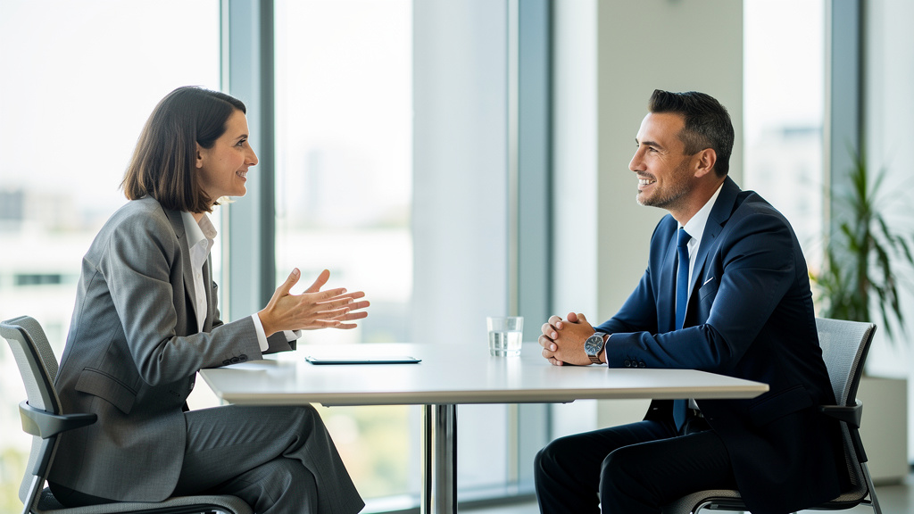 Professional consultant presenting to an engaged client across a table in a bright modern meeting room