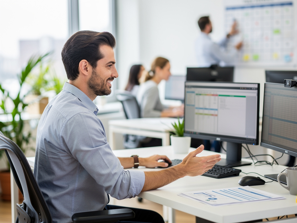Operations manager coordinating a field services team and schedule from a bright modern office