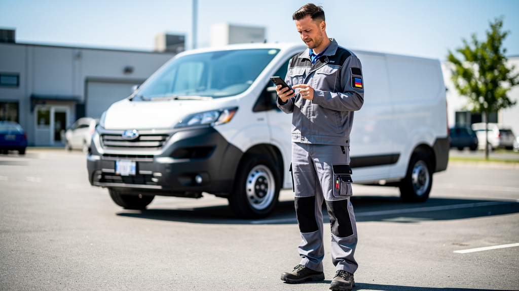 Field service technician in workwear beside a work van using a phone to manage their schedule