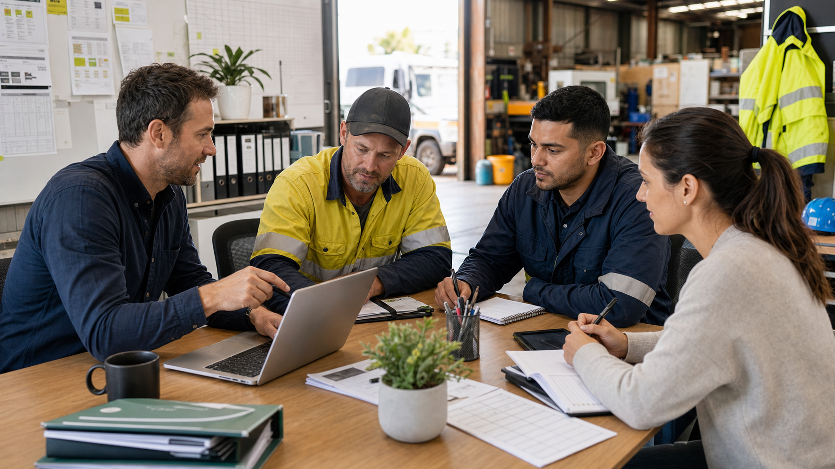Trades and service business team reviewing operations with a technology consultant in a workshop office