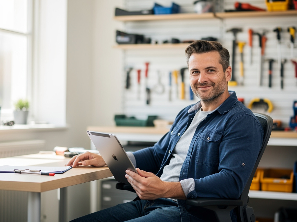 Trades business owner in a workshop office reviewing job schedules on a tablet
