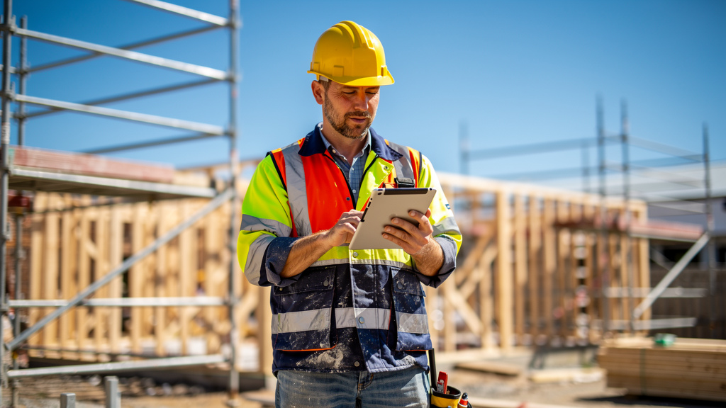 Tradesperson in hi-vis workwear on a construction job site using a tablet to manage work