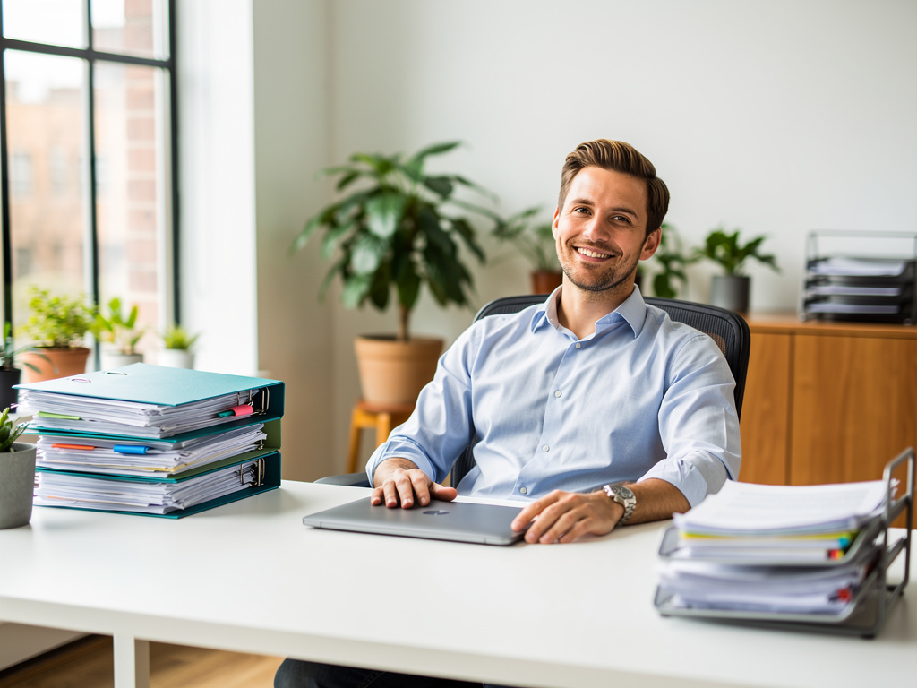 Relaxed, confident business owner in a bright modern office, calm and in control of their compliance