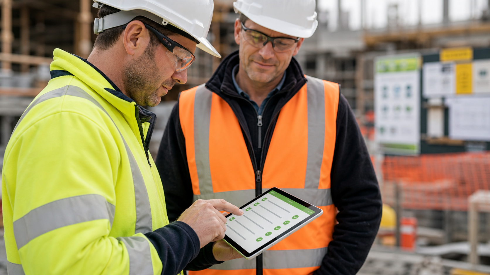 Two construction workers reviewing digital WHS compliance forms on a tablet at a worksite