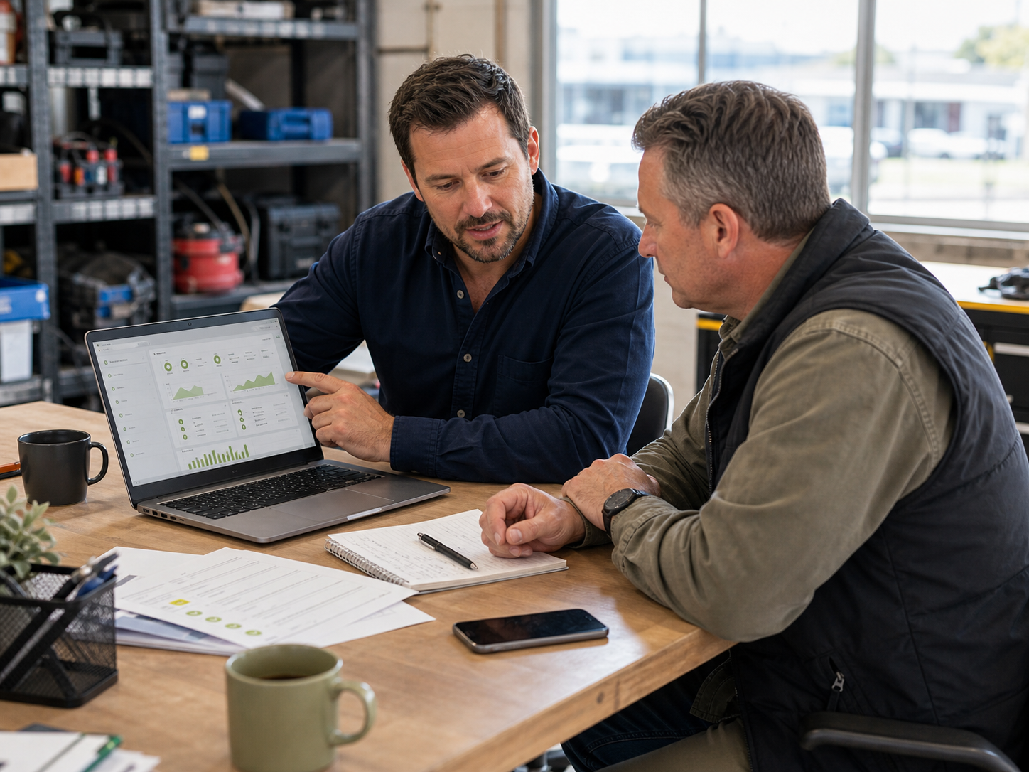 Consultant and owner reviewing a monitoring dashboard and prevention plan after resolving an issue