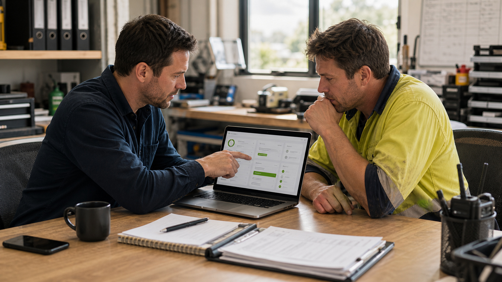 Technology consultant and business owner calmly diagnosing an urgent operational issue on a laptop