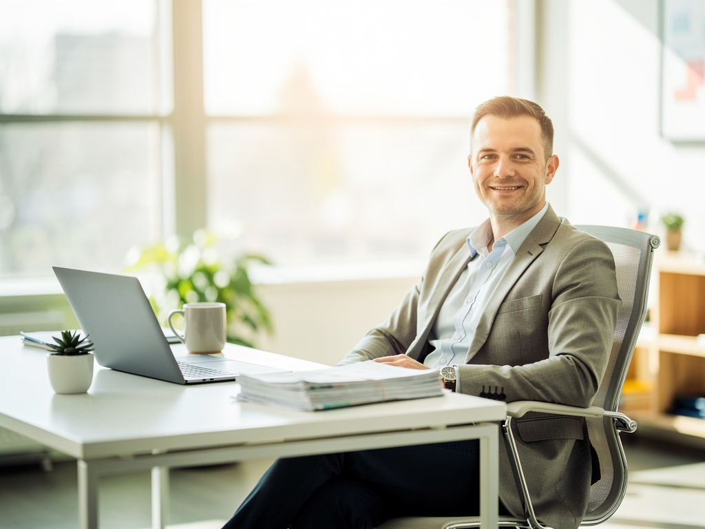 Relaxed small-business owner in a bright office, confident that invoices are paid and cash is flowing