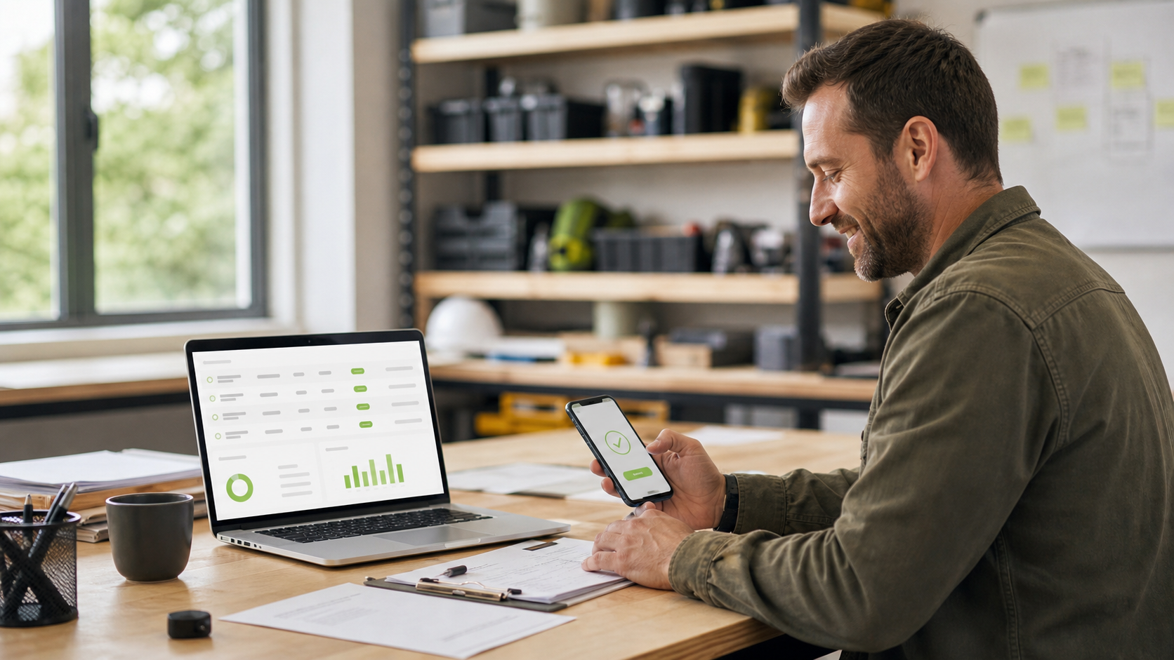 Small-business owner sending an invoice from a phone with an invoicing dashboard open on a laptop