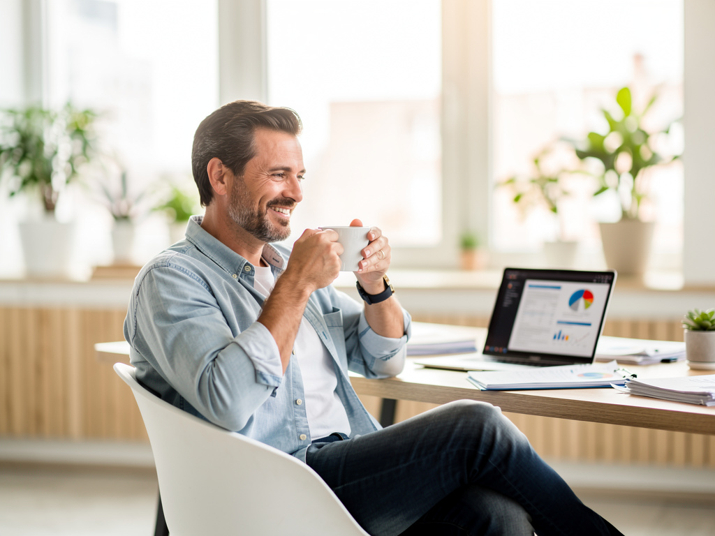 Relaxed business owner enjoying coffee at a desk while automated reports run on a laptop