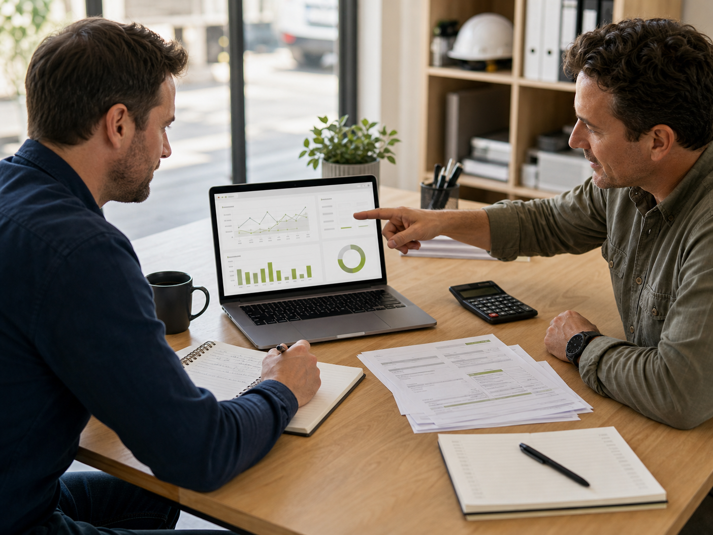 Business owner and consultant reviewing a cash flow forecast with invoices and a calculator