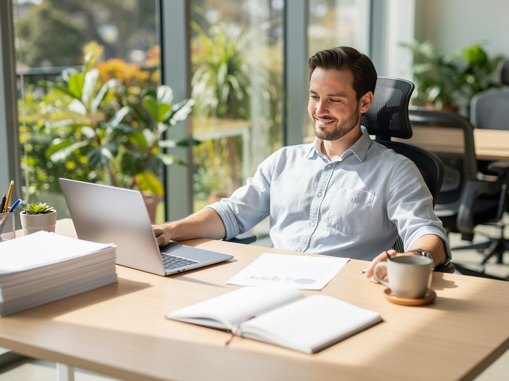 Confident business owner reviewing a cash flow forecast at a tidy desk with coffee and a notebook