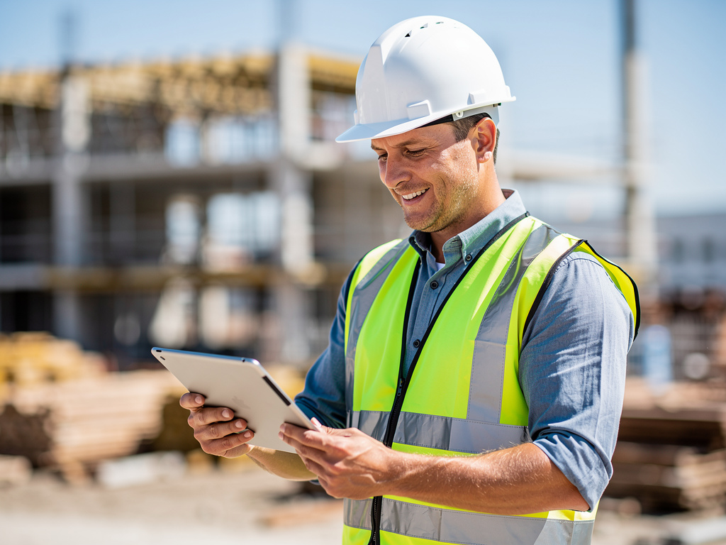 Tradesperson on a construction site using a tablet instead of paper forms