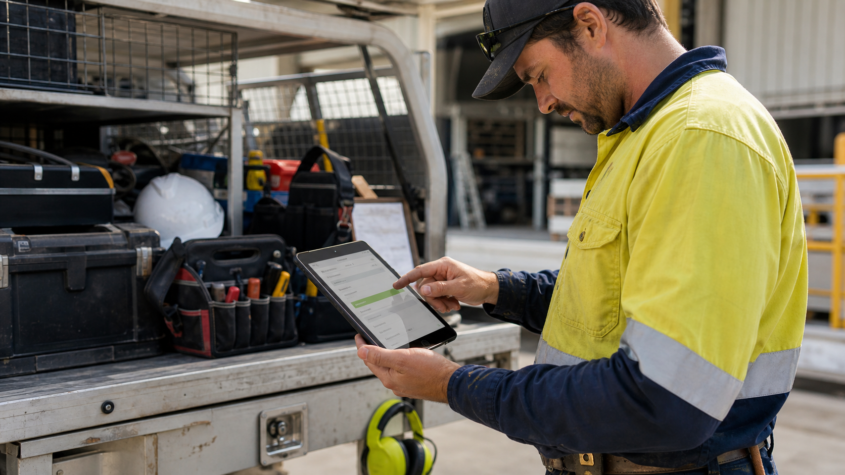 Field worker using a tablet to capture digital job details beside tools at a worksite