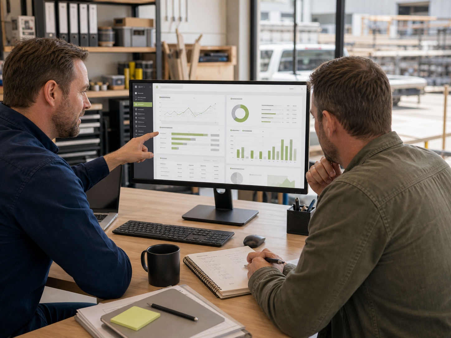 Business owner and consultant reviewing a unified reporting dashboard in a workshop office