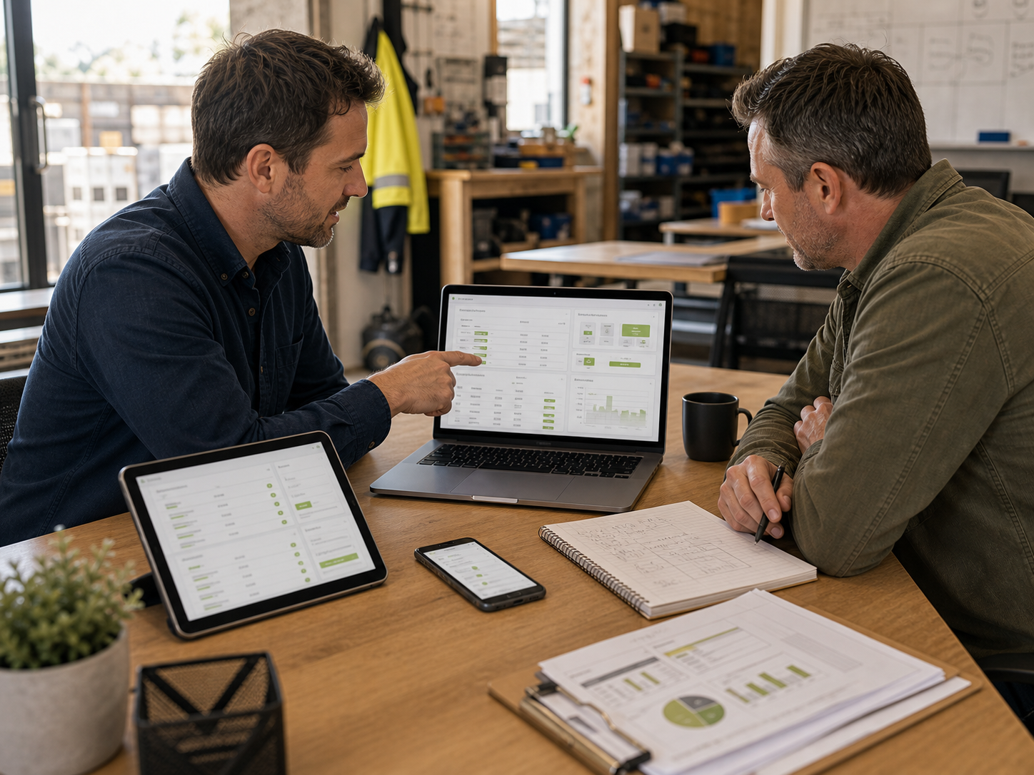 Operations manager and consultant checking job and customer information across connected devices