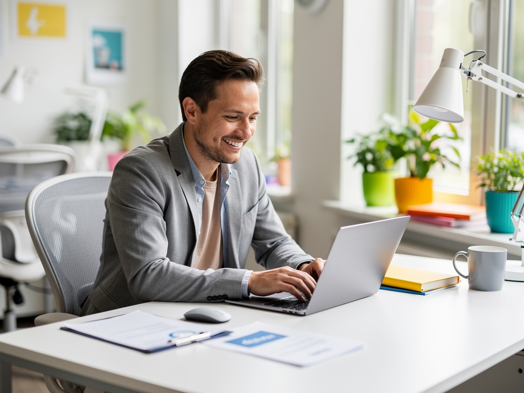 Relieved small-business owner at a tidy desk reviewing software costs, satisfied and in control
