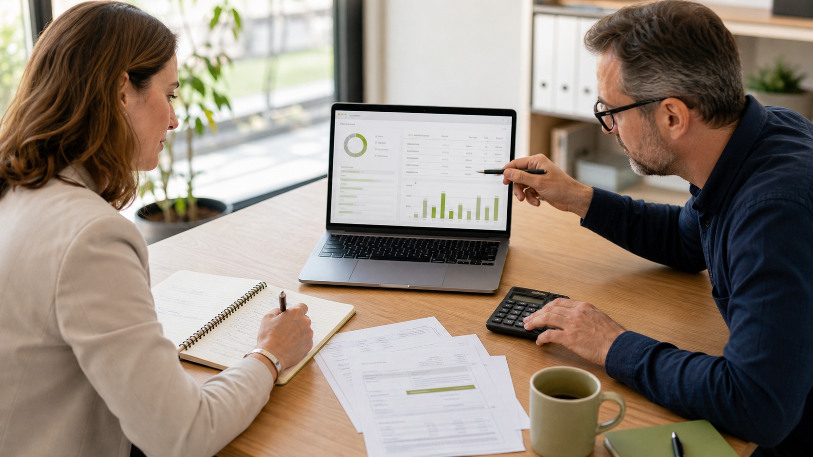 Consultant and business owner reviewing software subscription costs on a laptop with a calculator and notes