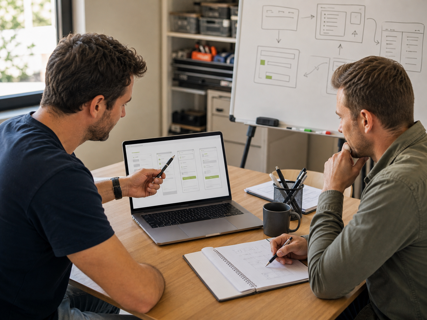 Founder and technology consultant reviewing an early software prototype and build plan