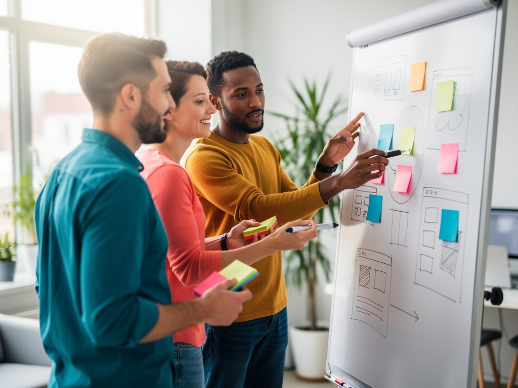 Small product team collaborating around a whiteboard to turn a software idea into a practical plan