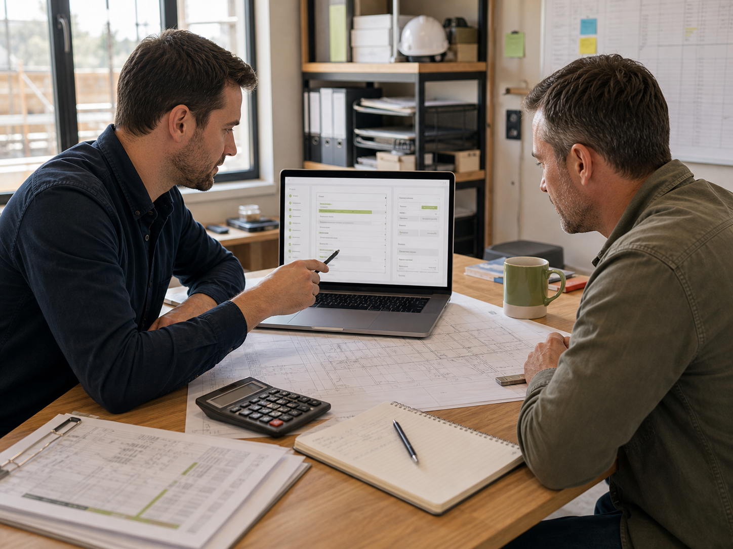 Estimator and consultant reviewing a proposal on a laptop with plans and pricing notes