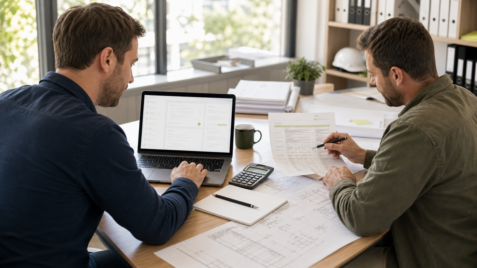 Proposal workspace with laptop, document drafts, pricing sheets, and approval materials on a tidy desk
