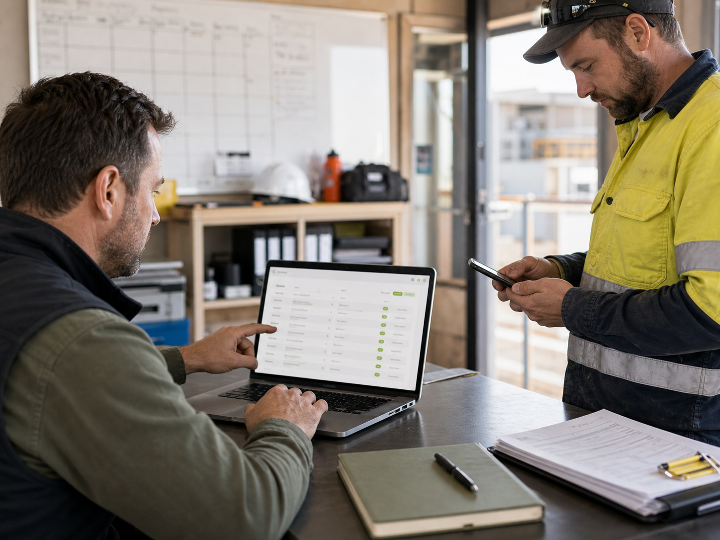 Foreman reviewing submitted mobile timesheets while a trades worker checks a phone