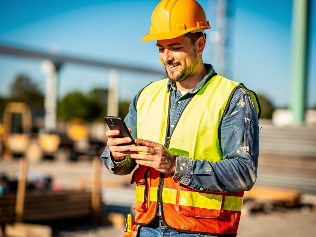 Smiling trades worker logging hours on a smartphone at a job site